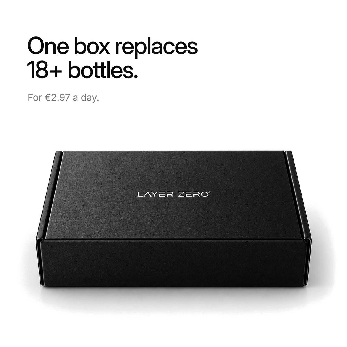 Closed LAYER ZERO box. One box replaces 18+ bottles