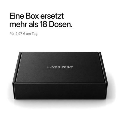 Geschlossene LAYER ZERO Box. Eine Box ersetzt mehr als 18 Dosen