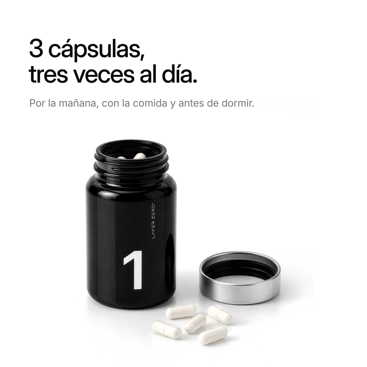 Frasco de LAYER ONE abierto, con cápsulas. 3 cápsulas, tres veces al día