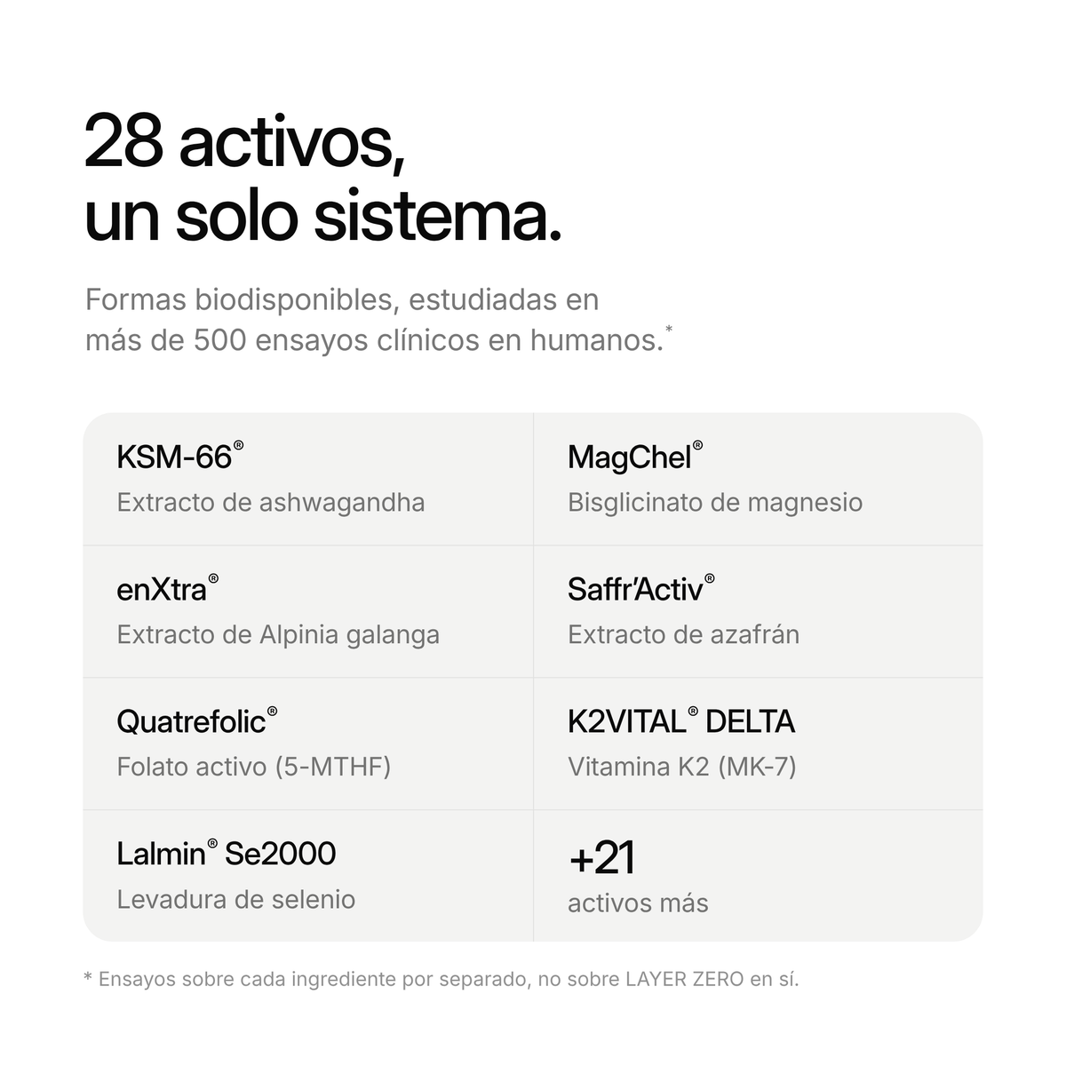 28 activos, un solo sistema. Siete ingredientes de marca, entre ellos KSM-66, MagChel y enXtra, y 21 activos más