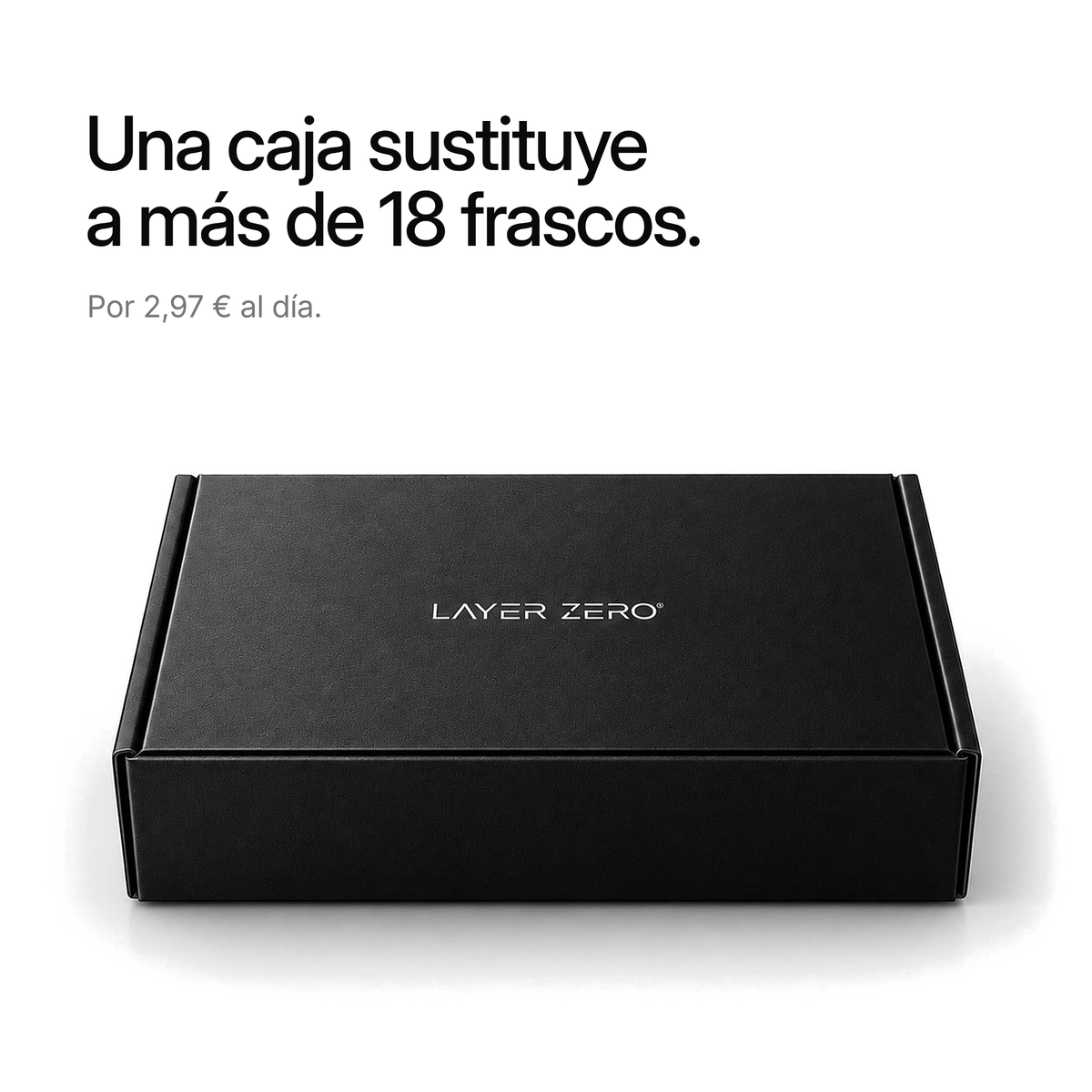 Caja de LAYER ZERO cerrada. Una caja sustituye a más de 18 frascos
