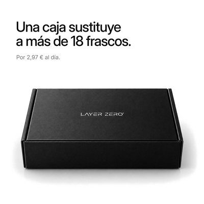 Caja de LAYER ZERO cerrada. Una caja sustituye a más de 18 frascos