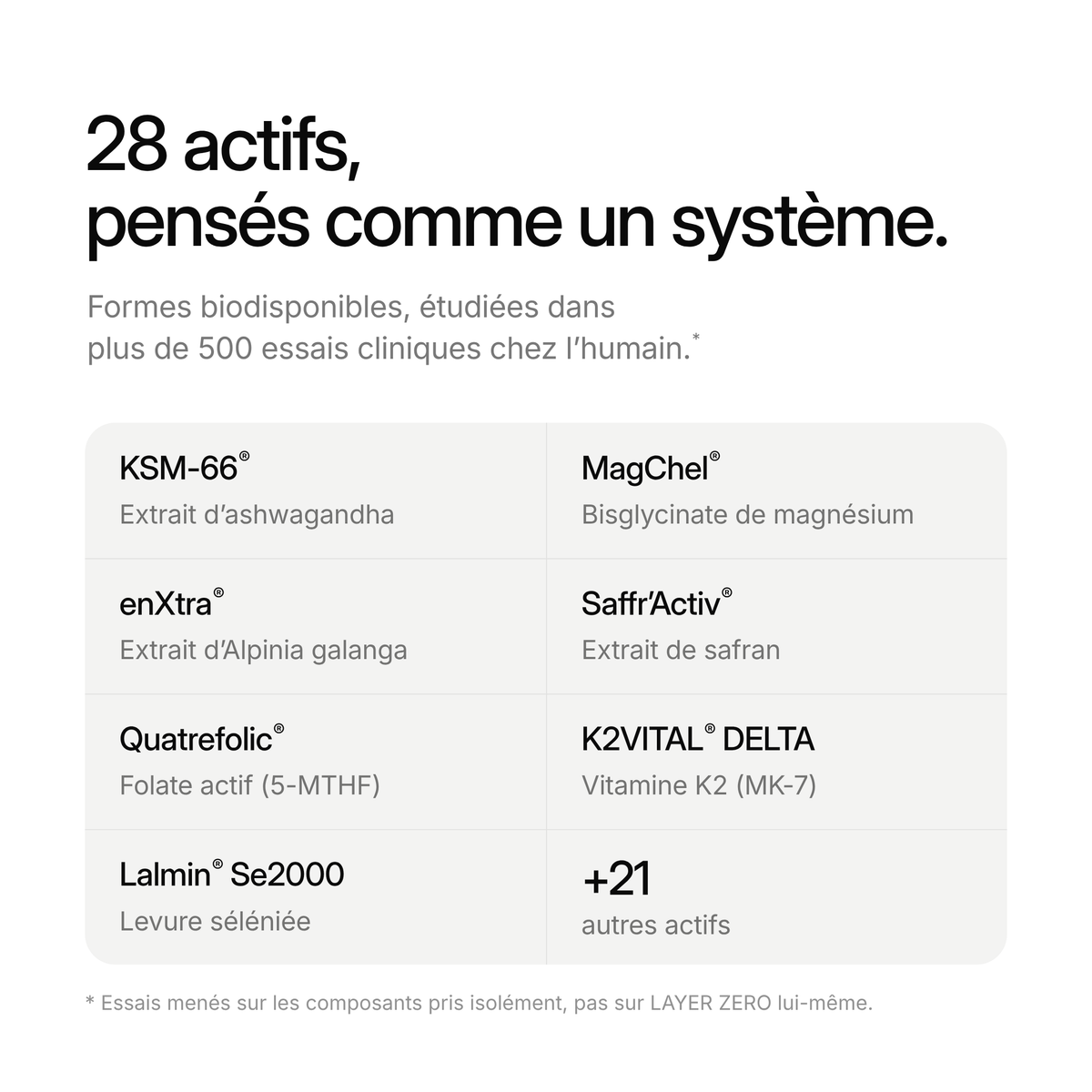 28 actifs, pensés comme un système. Sept ingrédients de marque, dont KSM-66, MagChel et enXtra, et 21 autres actifs