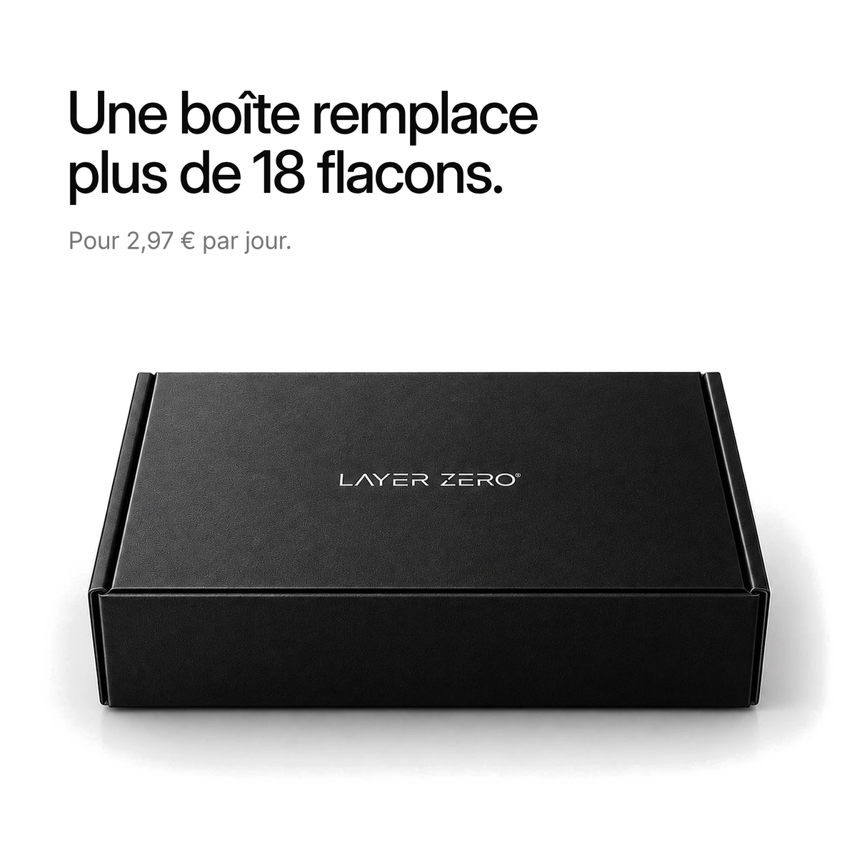 Boîte LAYER ZERO fermée. Une boîte remplace plus de 18 flacons