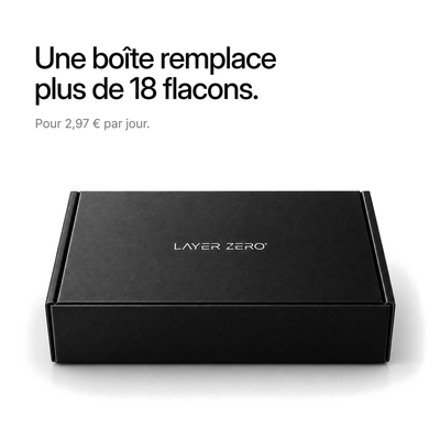 Boîte LAYER ZERO fermée. Une boîte remplace plus de 18 flacons