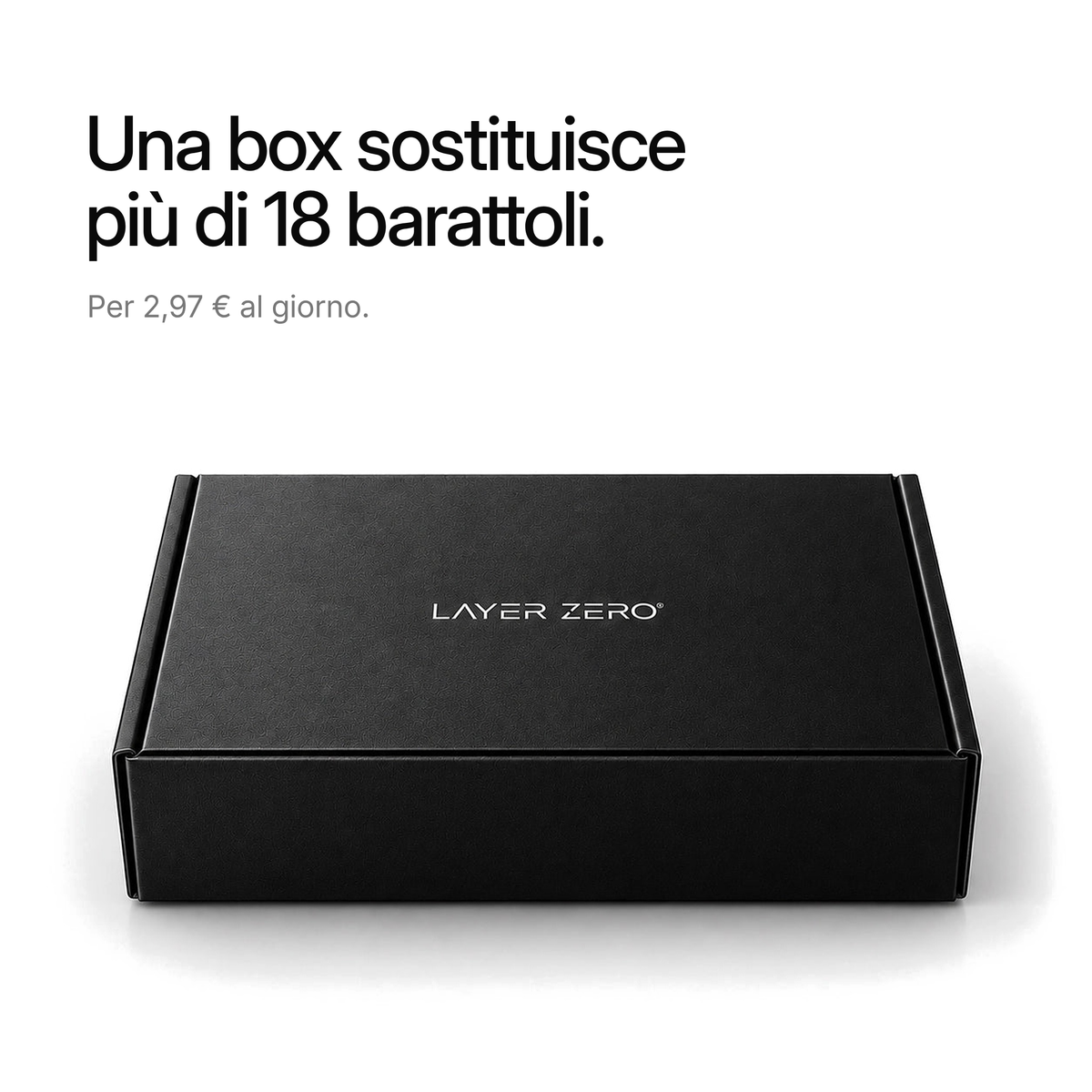Box LAYER ZERO chiusa. Una box sostituisce più di 18 barattoli
