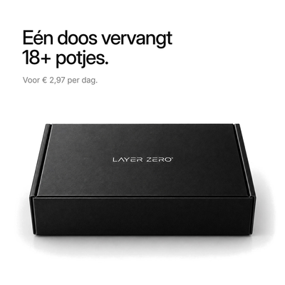 Gesloten doos van LAYER ZERO. Eén doos vervangt 18+ potjes