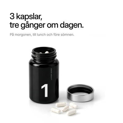 Öppen burk LAYER ONE med kapslar. 3 kapslar, tre gånger om dagen