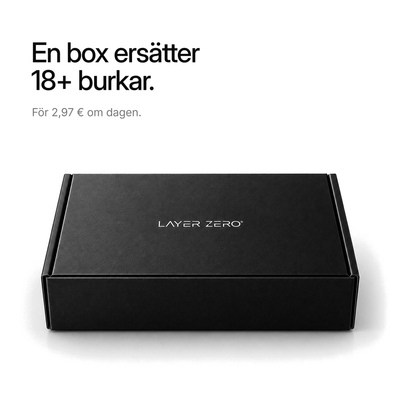 Stängd LAYER ZERO-box. En box ersätter 18+ burkar