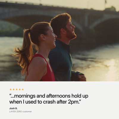 Man and woman running along a river at sunrise. Five-star review from Josh B.