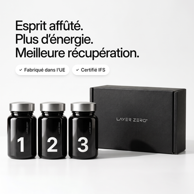 Flacons LAYER ZERO 1, 2 et 3 à côté de la boîte fermée. Esprit affûté. Plus d’énergie. Meilleure récupération. Fabriqué dans l’UE, certifié IFS