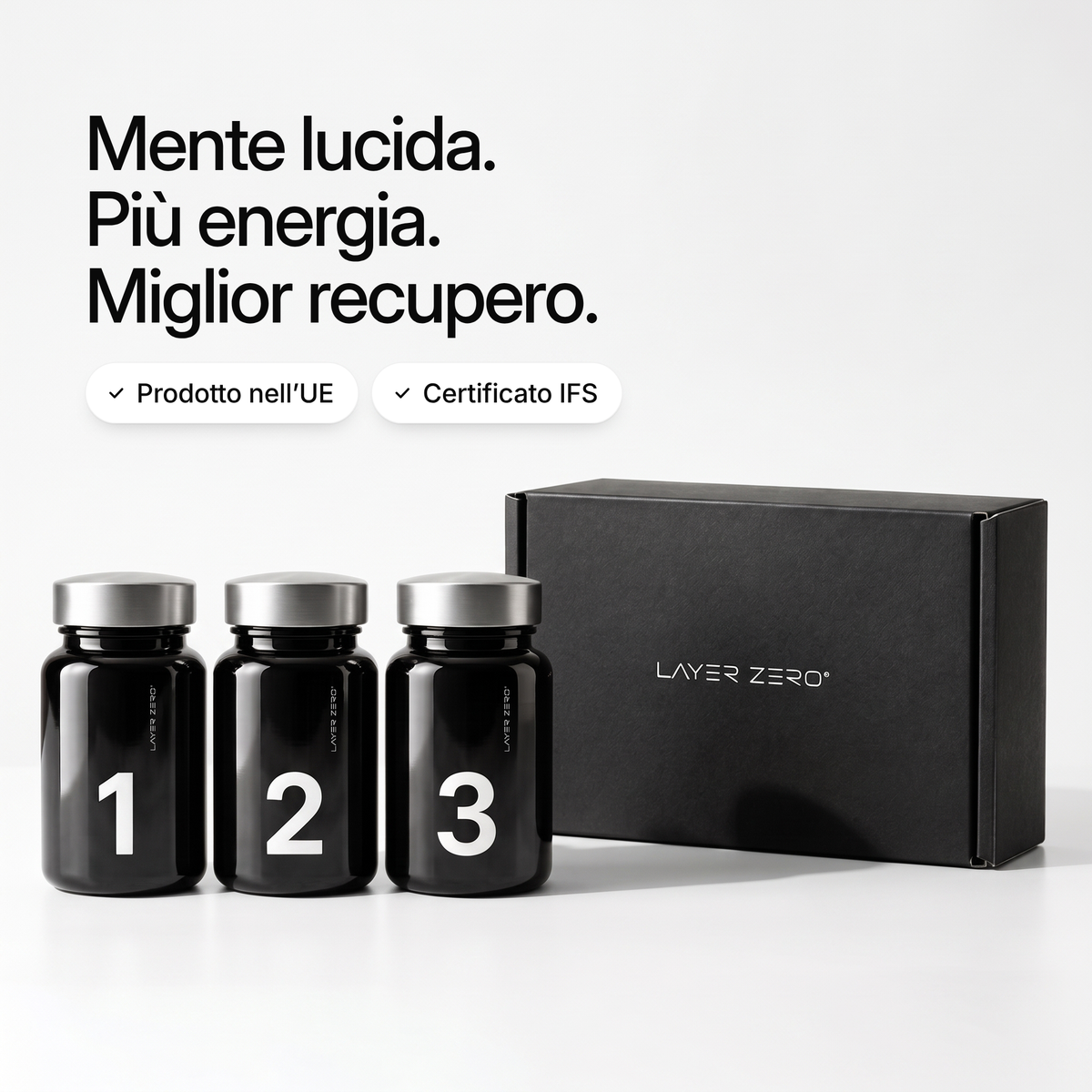 Barattoli LAYER ZERO 1, 2 e 3 accanto alla box chiusa. Mente lucida. Più energia. Miglior recupero. Prodotto nell’UE, certificato IFS