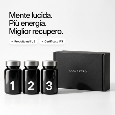 Barattoli LAYER ZERO 1, 2 e 3 accanto alla box chiusa. Mente lucida. Più energia. Miglior recupero. Prodotto nell’UE, certificato IFS