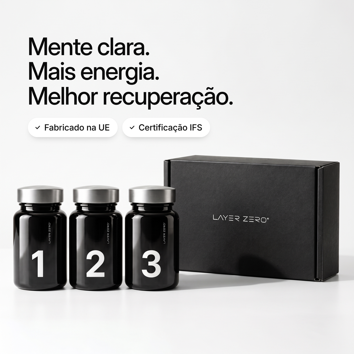 Frascos LAYER ZERO 1, 2 e 3 ao lado da caixa fechada. Mente clara. Mais energia. Melhor recuperação. Fabricado na UE, certificação IFS