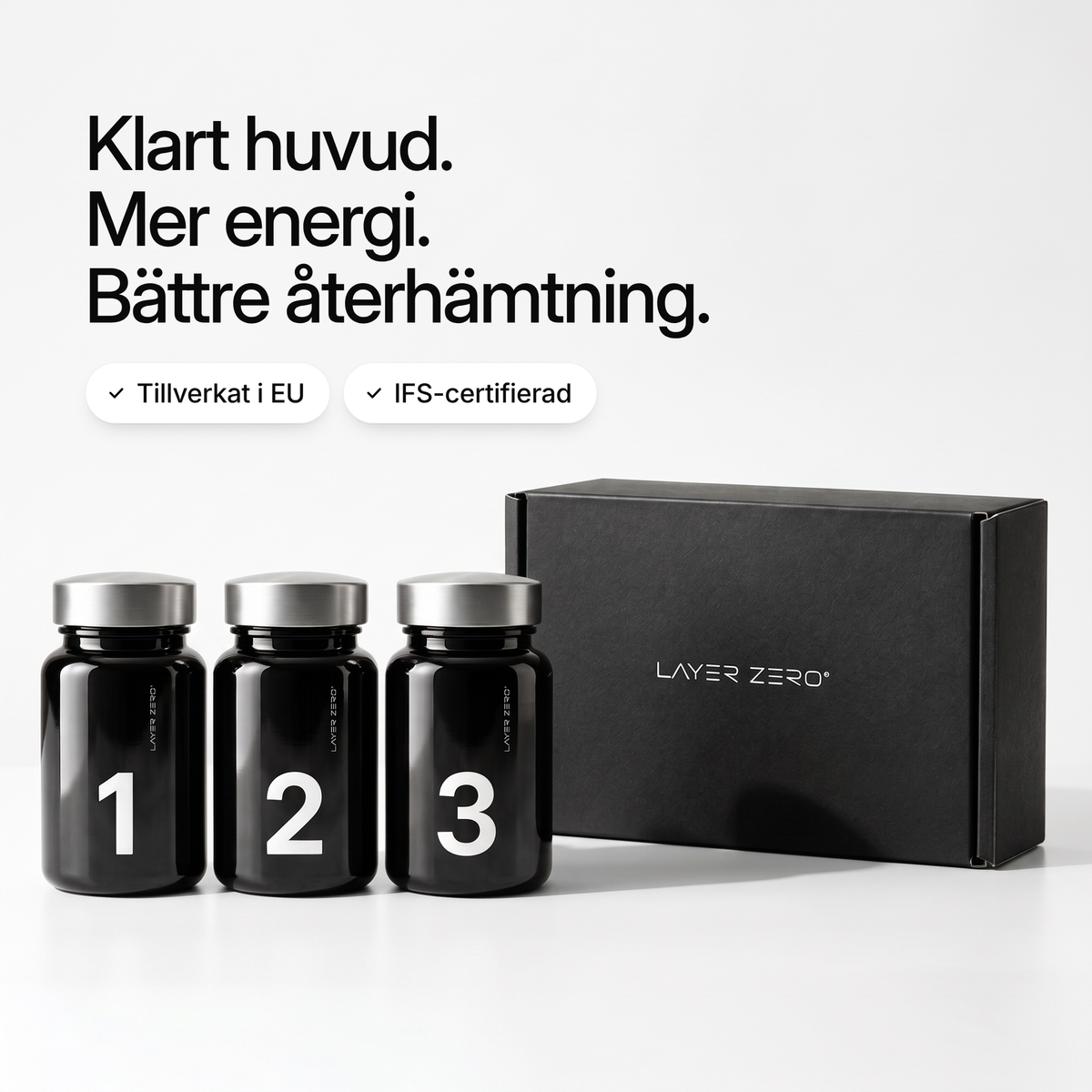 LAYER ZERO-burkarna 1, 2 och 3 bredvid den stängda boxen. Klart huvud. Mer energi. Bättre återhämtning. Tillverkat i EU. IFS-certifierad