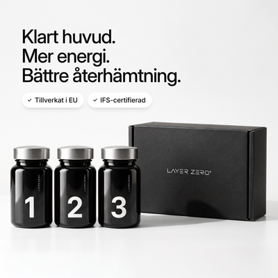 LAYER ZERO-burkarna 1, 2 och 3 bredvid den stängda boxen. Klart huvud. Mer energi. Bättre återhämtning. Tillverkat i EU. IFS-certifierad