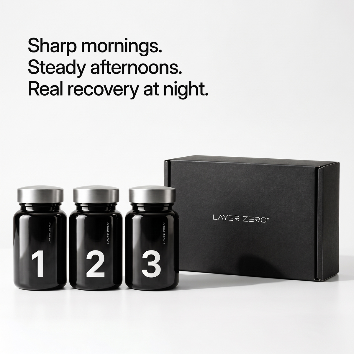 LAYER ZERO bottles 1, 2 and 3 next to the closed box. Sharp mornings. Steady afternoons. Real recovery at night.