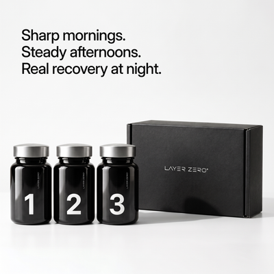 LAYER ZERO bottles 1, 2 and 3 next to the closed box. Sharp mornings. Steady afternoons. Real recovery at night.