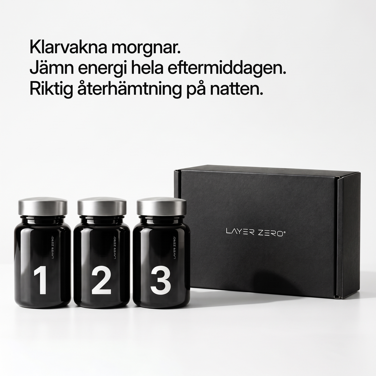 LAYER ZERO-burkarna 1, 2 och 3 bredvid den stängda boxen. Klarvakna morgnar. Jämn energi hela eftermiddagen. Riktig återhämtning på natten.