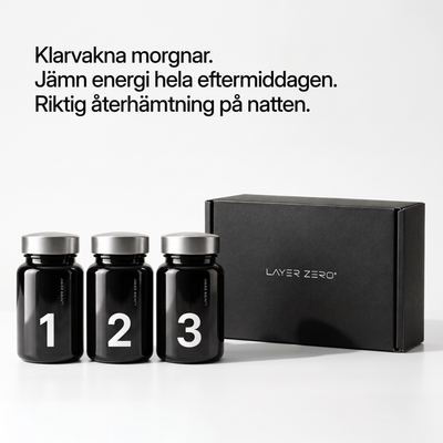 LAYER ZERO-burkarna 1, 2 och 3 bredvid den stängda boxen. Klarvakna morgnar. Jämn energi hela eftermiddagen. Riktig återhämtning på natten.